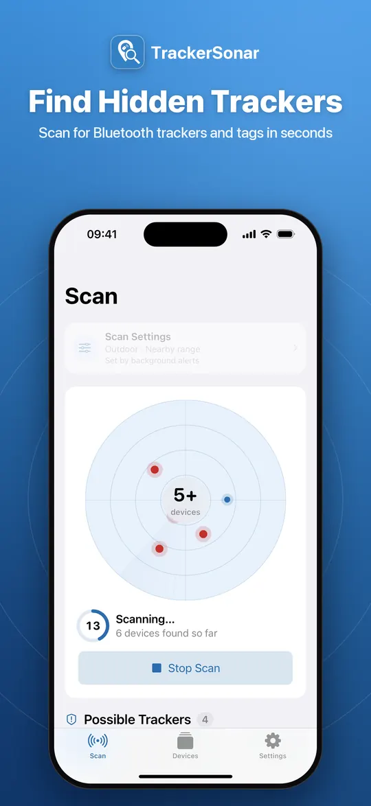 Scan screen with a live radar showing nearby Bluetooth devices while TrackerSonar scans