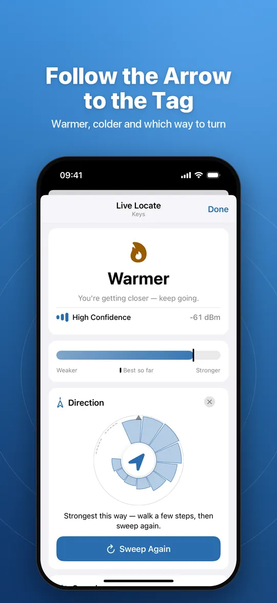 Live Locate screen showing Warmer with high confidence, a signal gauge and a direction sweep pointing toward the tag