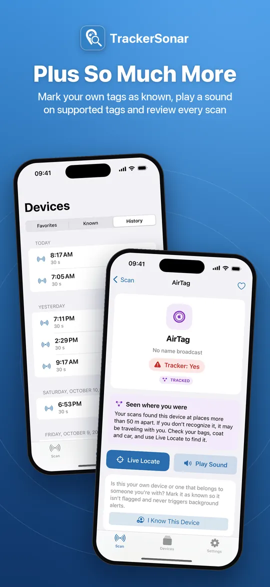 Devices tab with scan history next to an AirTag detail showing Live Locate, Play Sound and I Know This Device