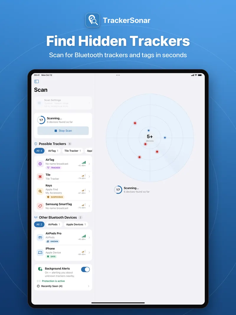 TrackerSonar on iPad scanning, with the radar beside the live device list